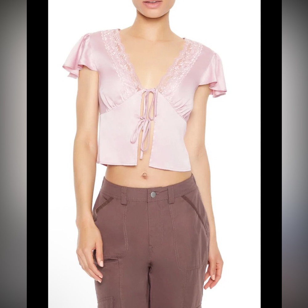 NWOT Satin Lace Tie-Front Crop Top in Soft Pink